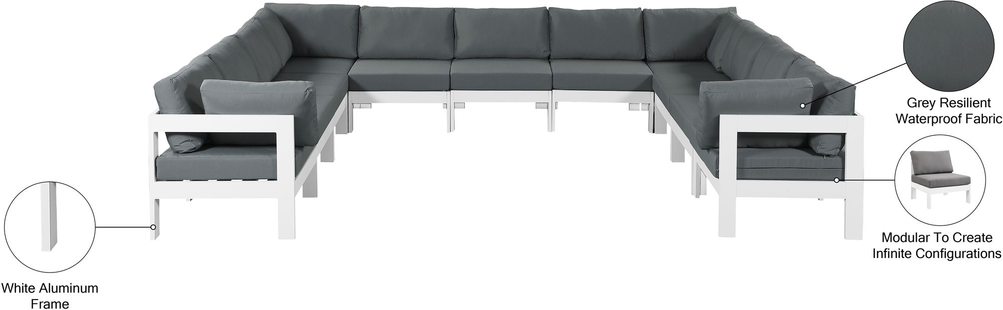 Nizuc 150" 11-Piece Outdoor Patio Waterproof Fabric Modular U-Shape Sectional with White Aluminum Frame