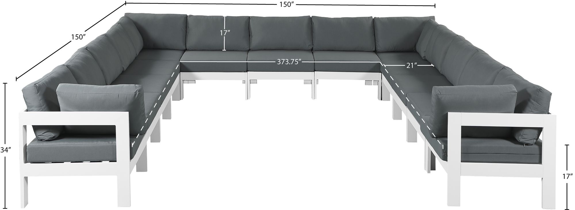 Nizuc 150" 13-Piece Outdoor Patio Waterproof Fabric Modular U-Shape Sectional with White Aluminum Frame