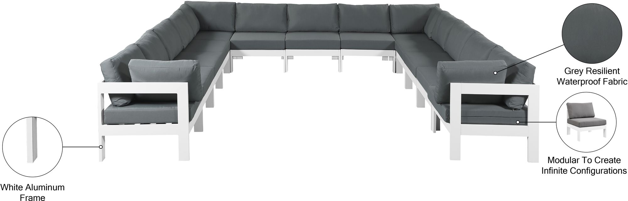 Nizuc 150" 13-Piece Outdoor Patio Waterproof Fabric Modular U-Shape Sectional with White Aluminum Frame