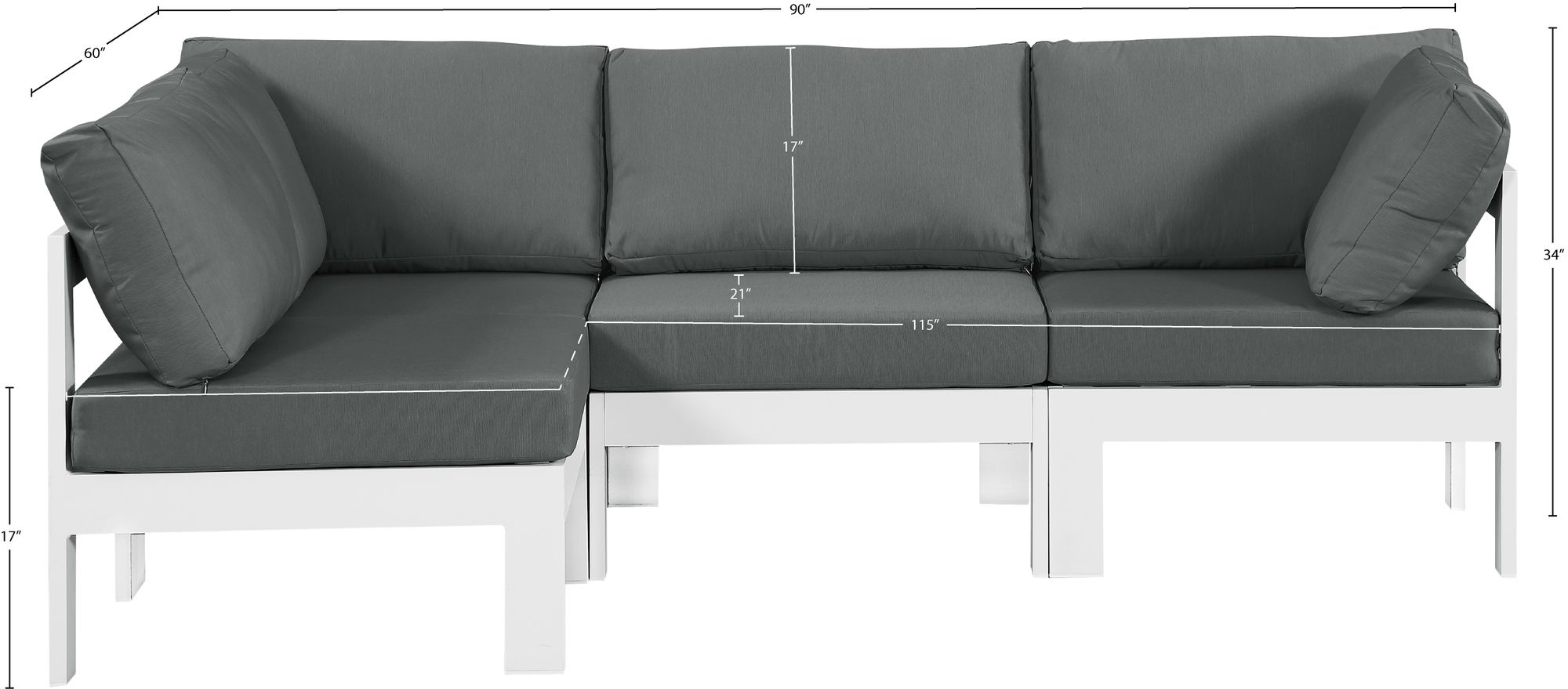Nizuc 90" 4-Piece Outdoor Patio Waterproof Fabric Modular Sectional with White Aluminum Frame