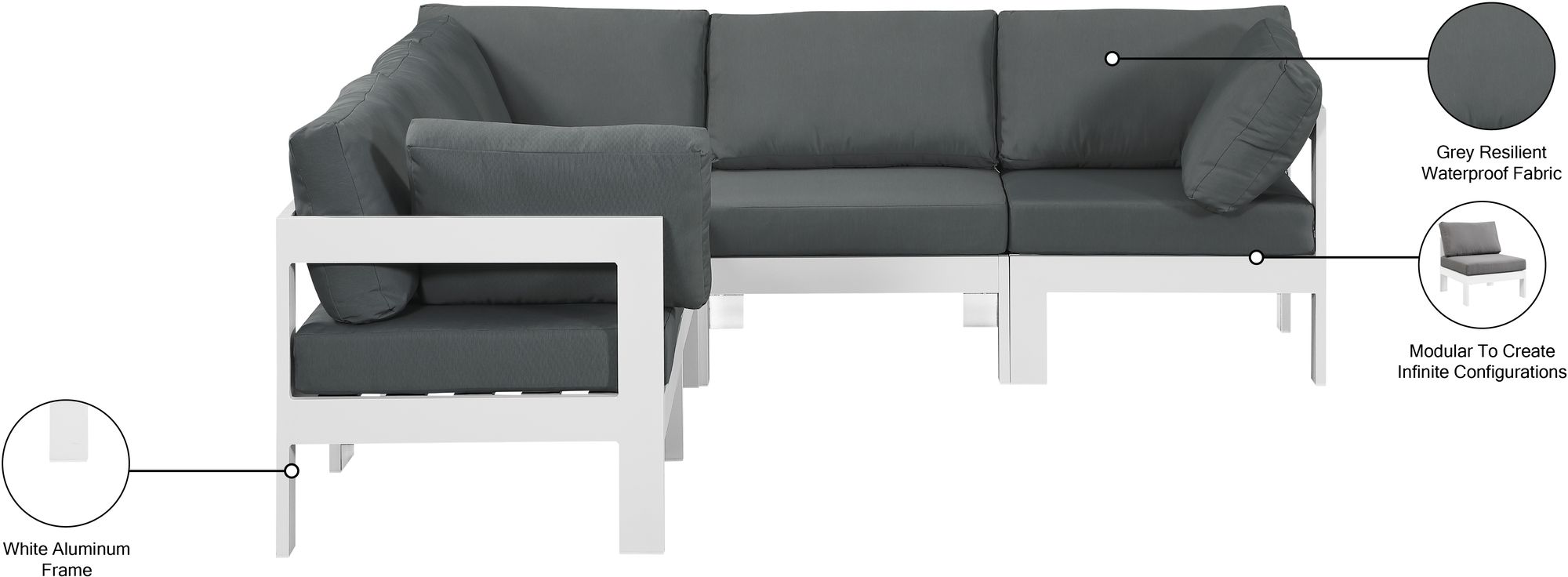 Nizuc 90" 5-Piece Outdoor Patio Waterproof Fabric Modular Sectional with White Aluminum Frame