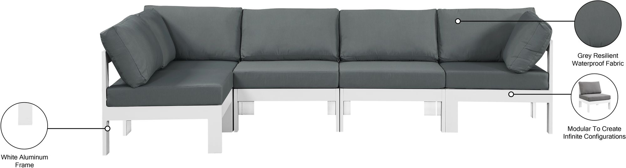 Nizuc 120" 5-Piece Outdoor Patio Waterproof Fabric Modular Sectional with White Aluminum Frame