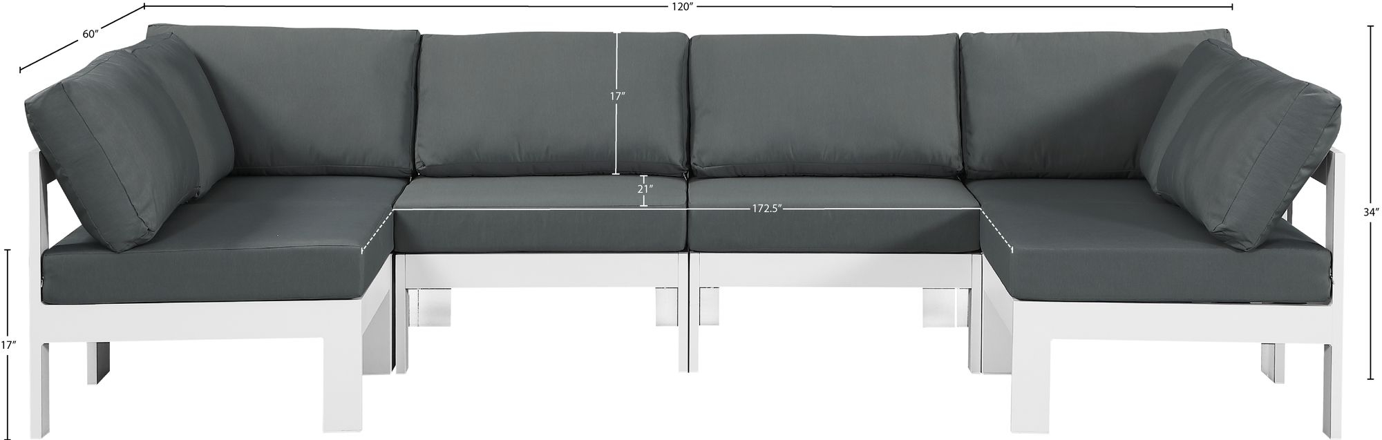 Nizuc 120" 6-Piece Outdoor Patio Waterproof Fabric Modular U-Shape Sectional with White Aluminum Frame
