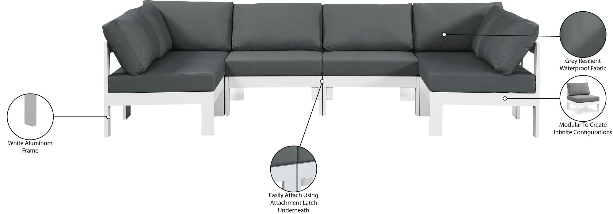 Nizuc 120" 6-Piece Outdoor Patio Waterproof Fabric Modular U-Shape Sectional with Aluminum Frame