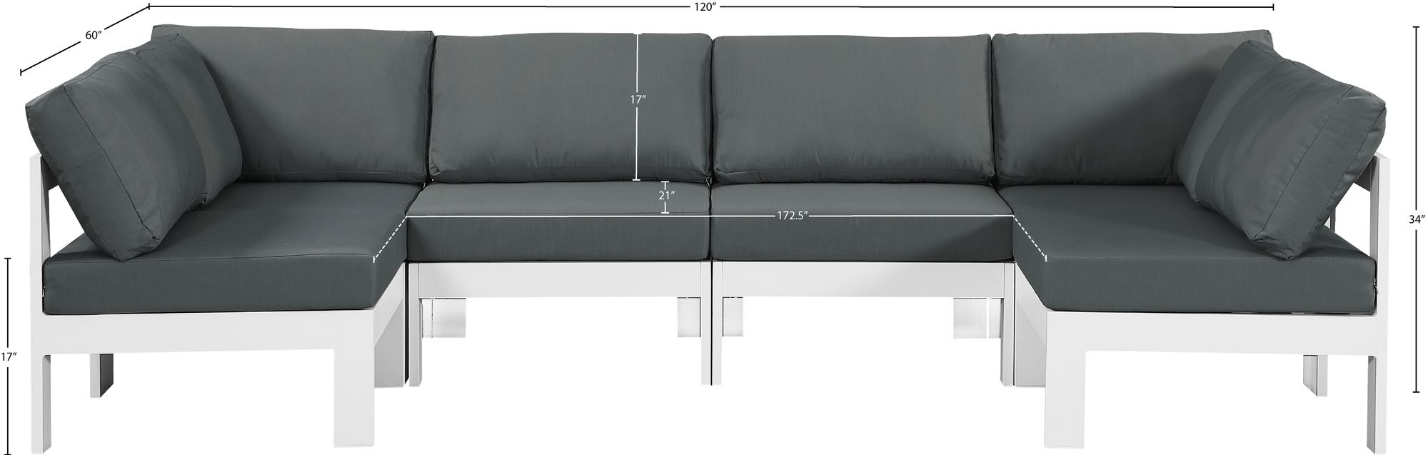 Nizuc 120" 6-Piece Outdoor Patio Waterproof Fabric Modular U-Shape Sectional with Aluminum Frame