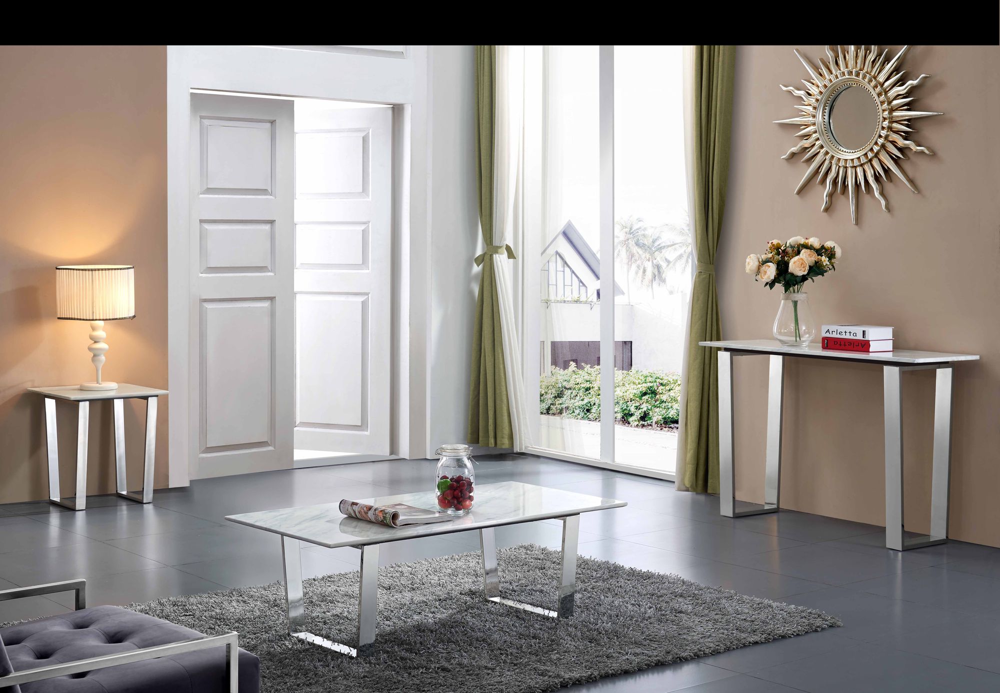Carlton 48" Rectangular Genuine Stone Console Table with Chrome Stainless Steel Base