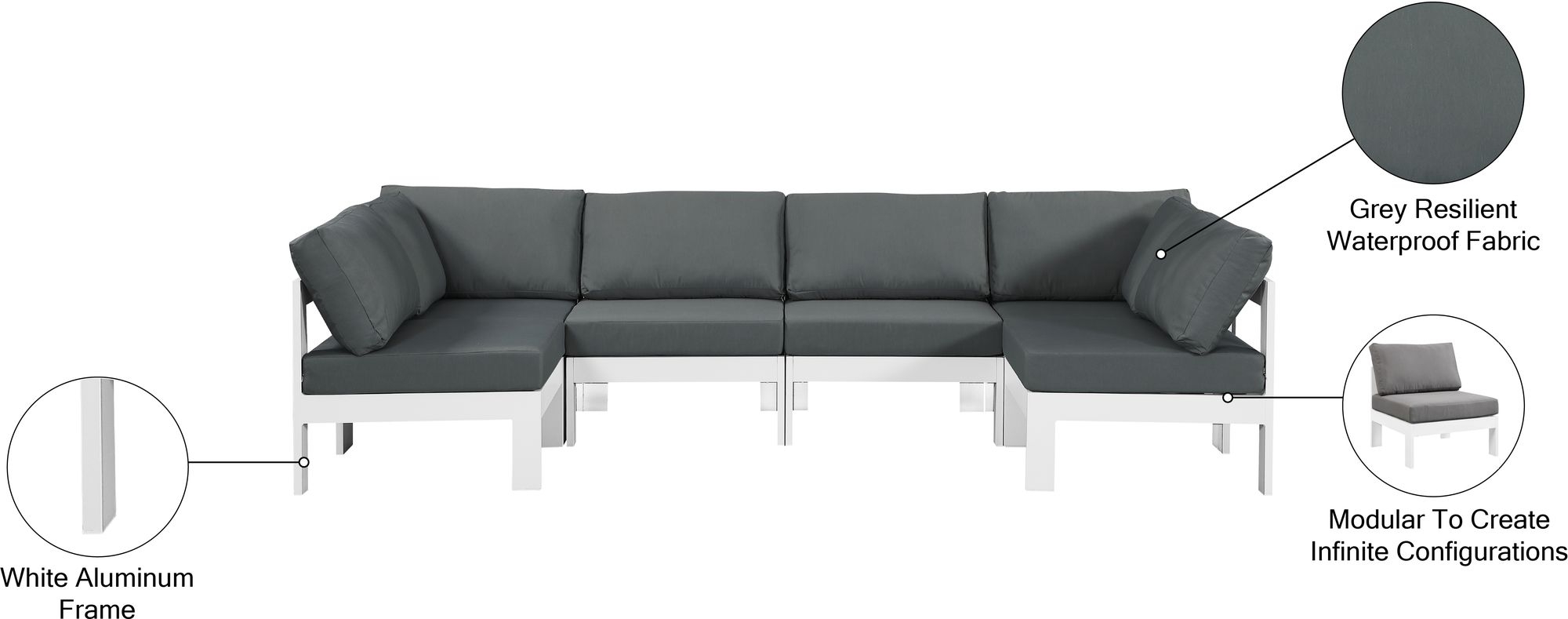 Nizuc 150" 7-Piece Outdoor Patio Waterproof Fabric Modular U-Shape Sectional with Aluminum Frame
