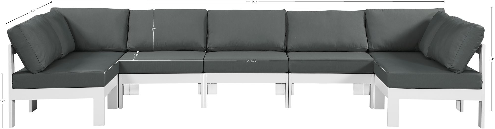Nizuc 150" 7-Piece Outdoor Patio Waterproof Fabric Modular U-Shape Sectional with Aluminum Frame