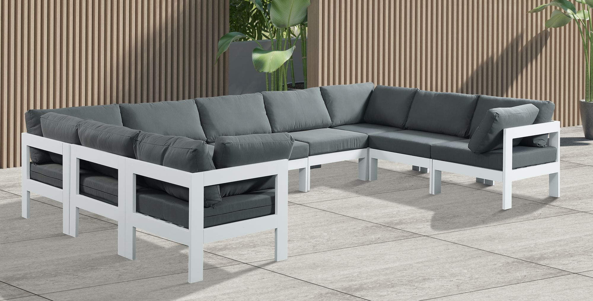 Nizuc 150" 9-Piece Outdoor Patio Waterproof Fabric Modular U-Shape Sectional with White Aluminum Frame