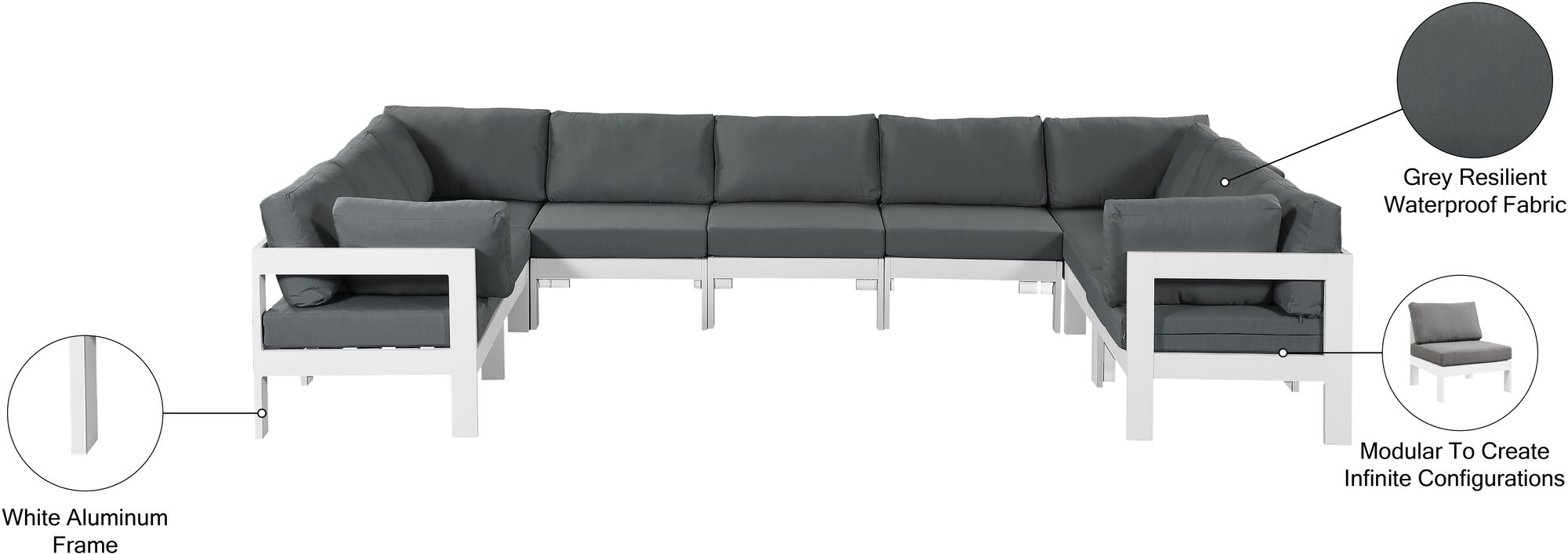 Nizuc 150" 9-Piece Outdoor Patio Waterproof Fabric Modular U-Shape Sectional with White Aluminum Frame