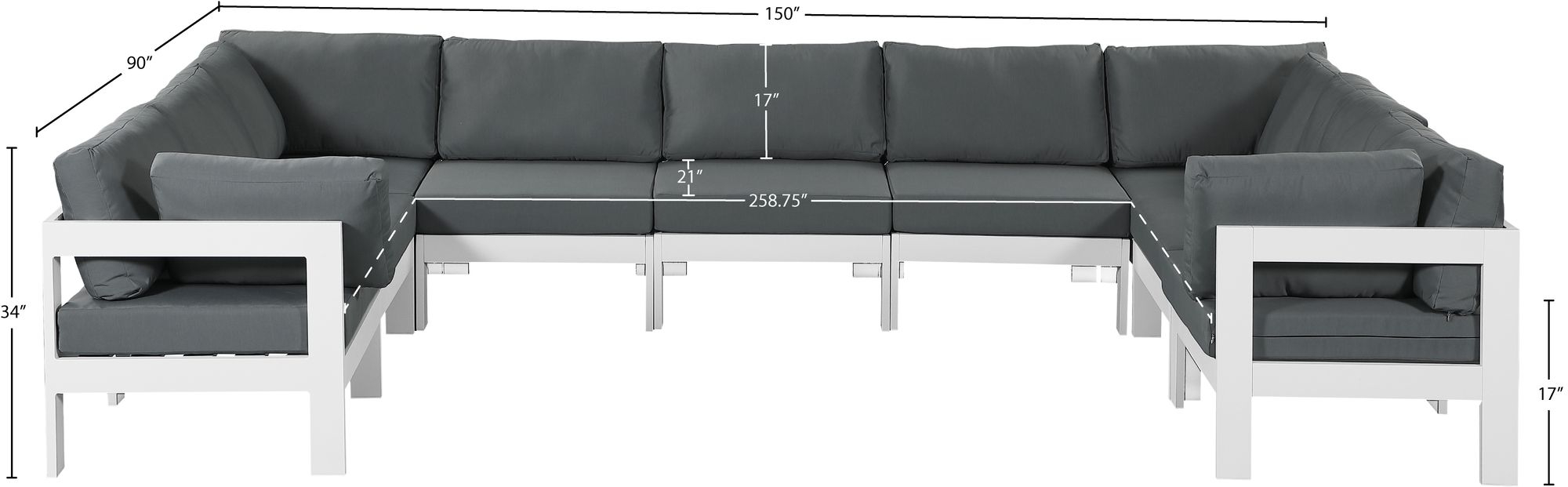 Nizuc 150" 9-Piece Outdoor Patio Waterproof Fabric Modular U-Shape Sectional with Aluminum Frame