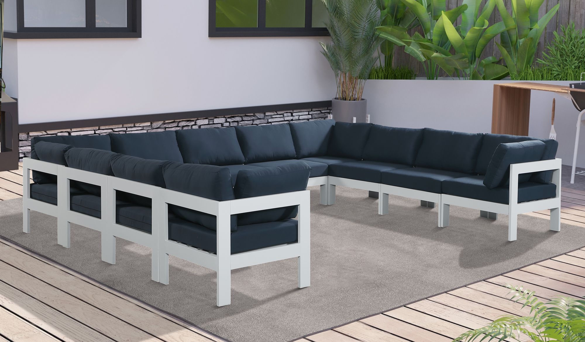 Nizuc 150" 11-Piece Outdoor Patio Waterproof Fabric Modular U-Shape Sectional with Dark Grey Aluminum Frame