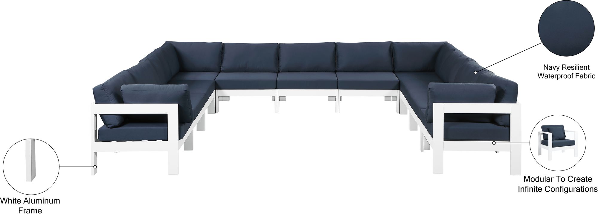 Nizuc 150" 11-Piece Outdoor Patio Waterproof Fabric Modular U-Shape Sectional with White Aluminum Frame
