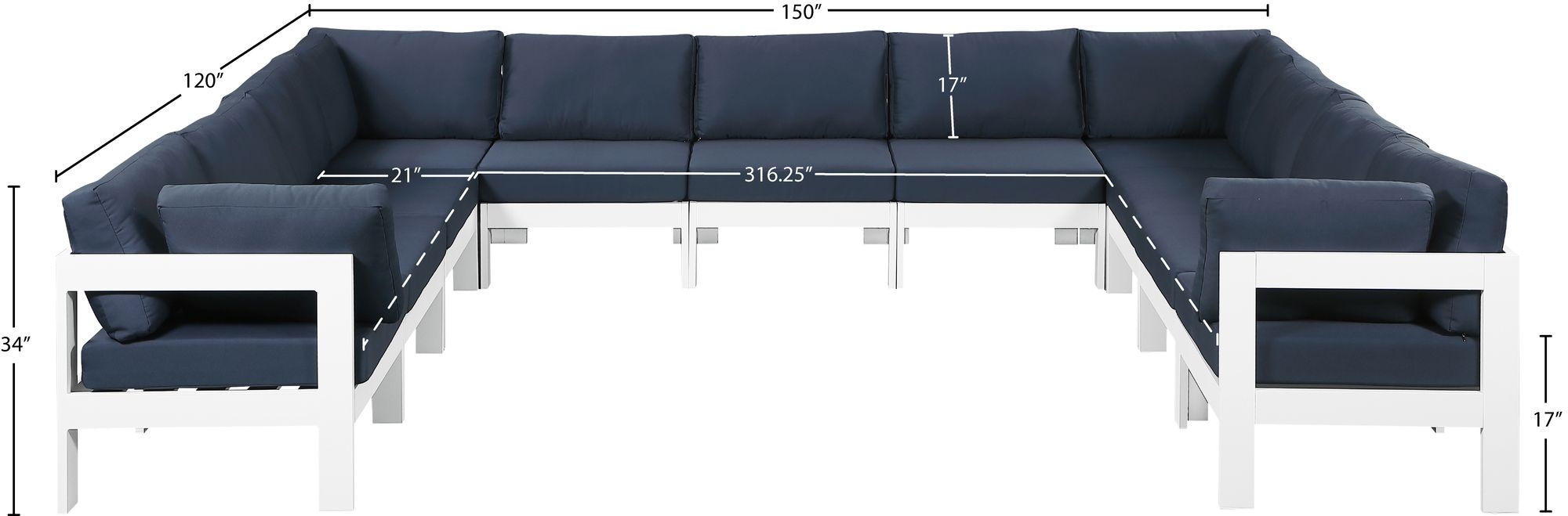 Nizuc 150" 11-Piece Outdoor Patio Waterproof Fabric Modular U-Shape Sectional with Dark Grey Aluminum Frame