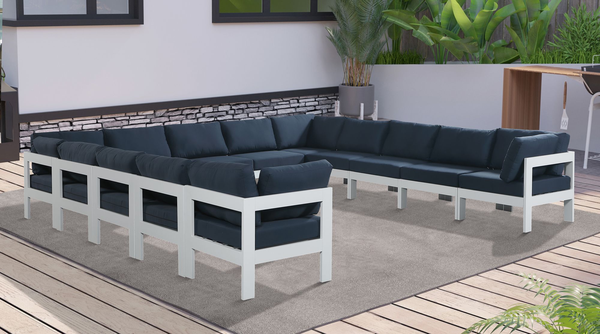 Nizuc 150" 13-Piece Outdoor Patio Waterproof Fabric Modular U-Shape Sectional with White Aluminum Frame