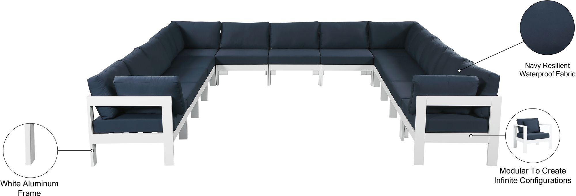 Nizuc 150" 13-Piece Outdoor Patio Waterproof Fabric Modular U-Shape Sectional with Aluminum Frame