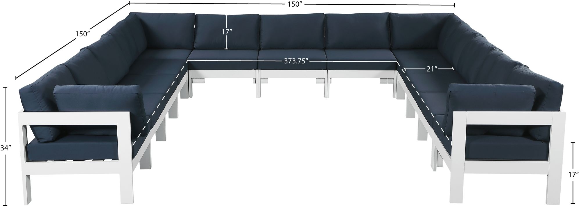 Nizuc 150" 13-Piece Outdoor Patio Waterproof Fabric Modular U-Shape Sectional with Aluminum Frame