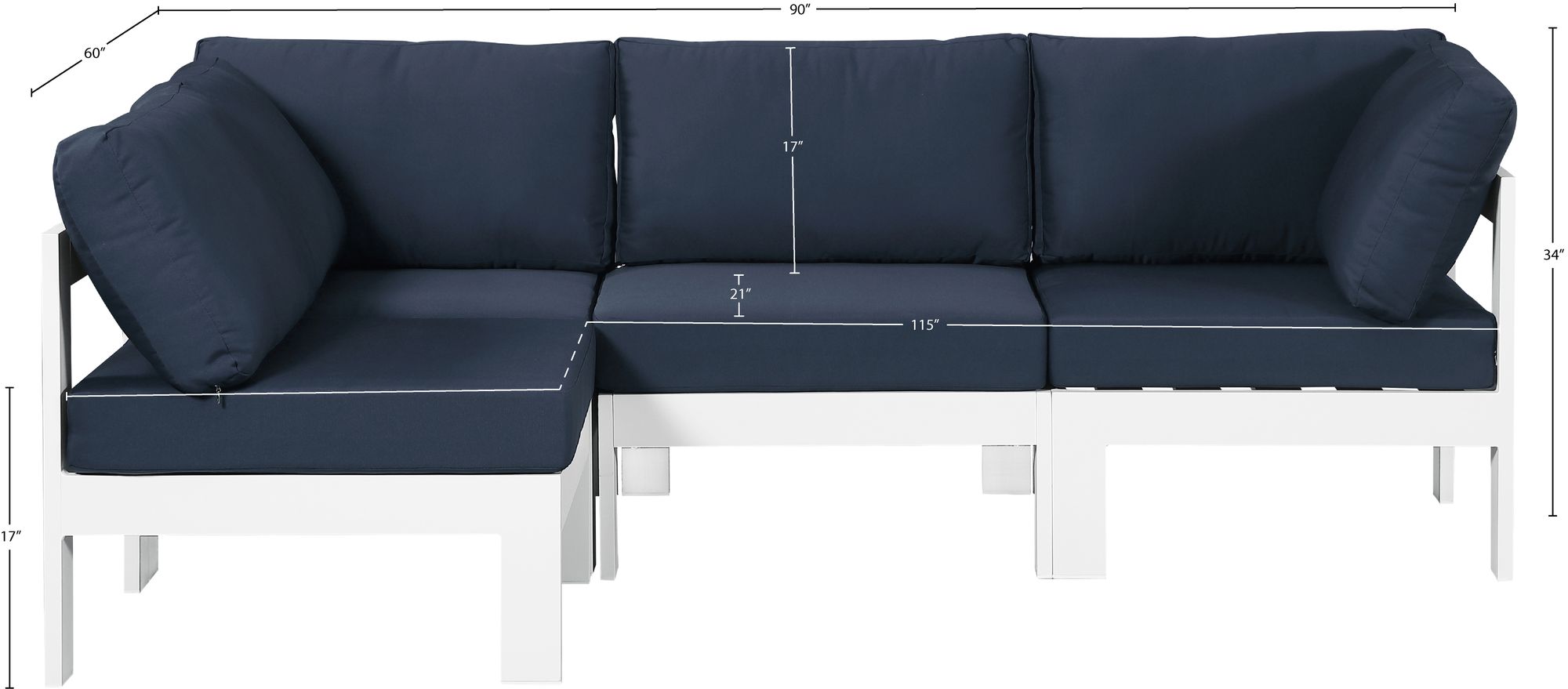 Nizuc 90" 4-Piece Outdoor Patio Waterproof Fabric Modular Sectional with White Aluminum Frame