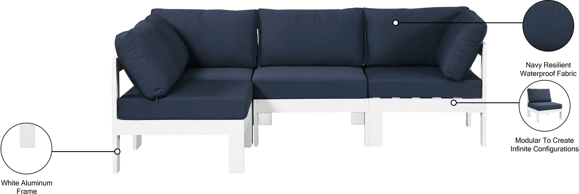 Nizuc 90" 4-Piece Outdoor Patio Waterproof Fabric Modular Sectional with White Aluminum Frame