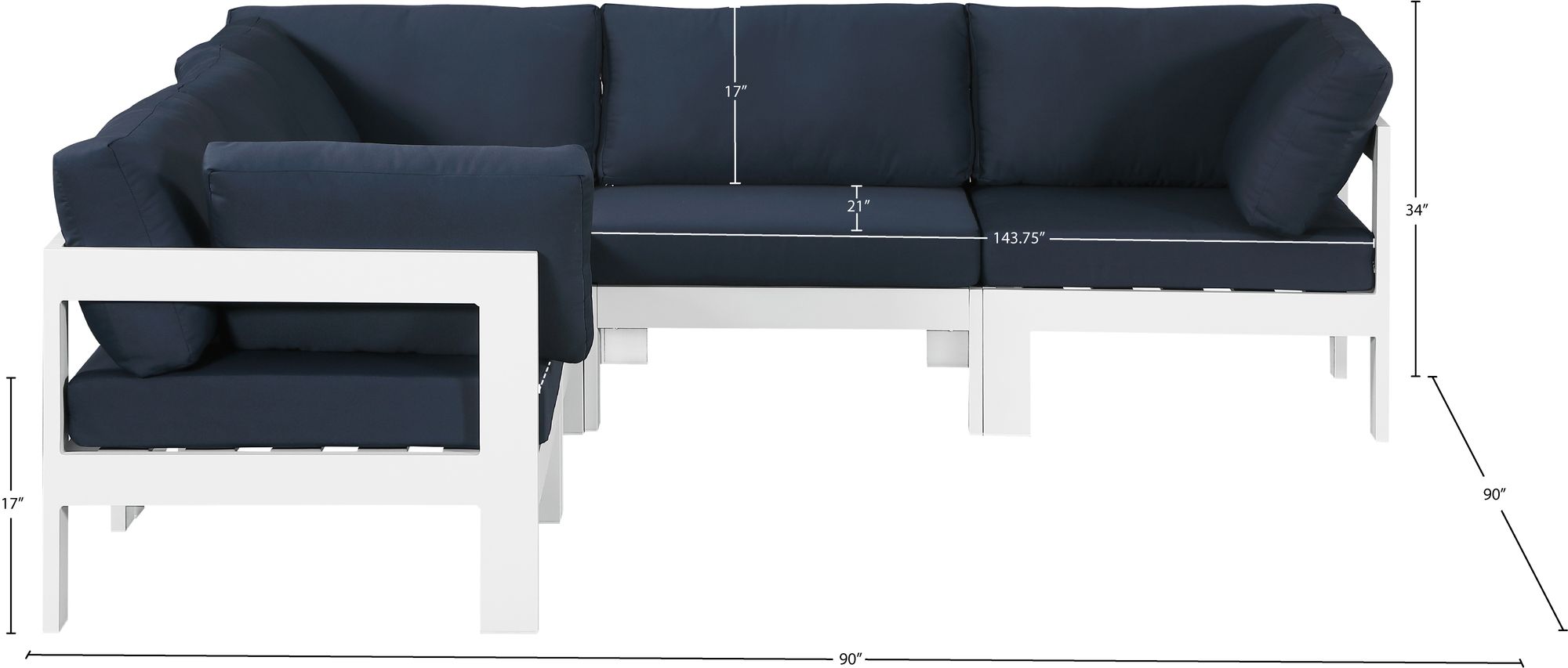 Nizuc 90" 5-Piece Outdoor Patio Waterproof Fabric Modular Sectional with White Aluminum Frame