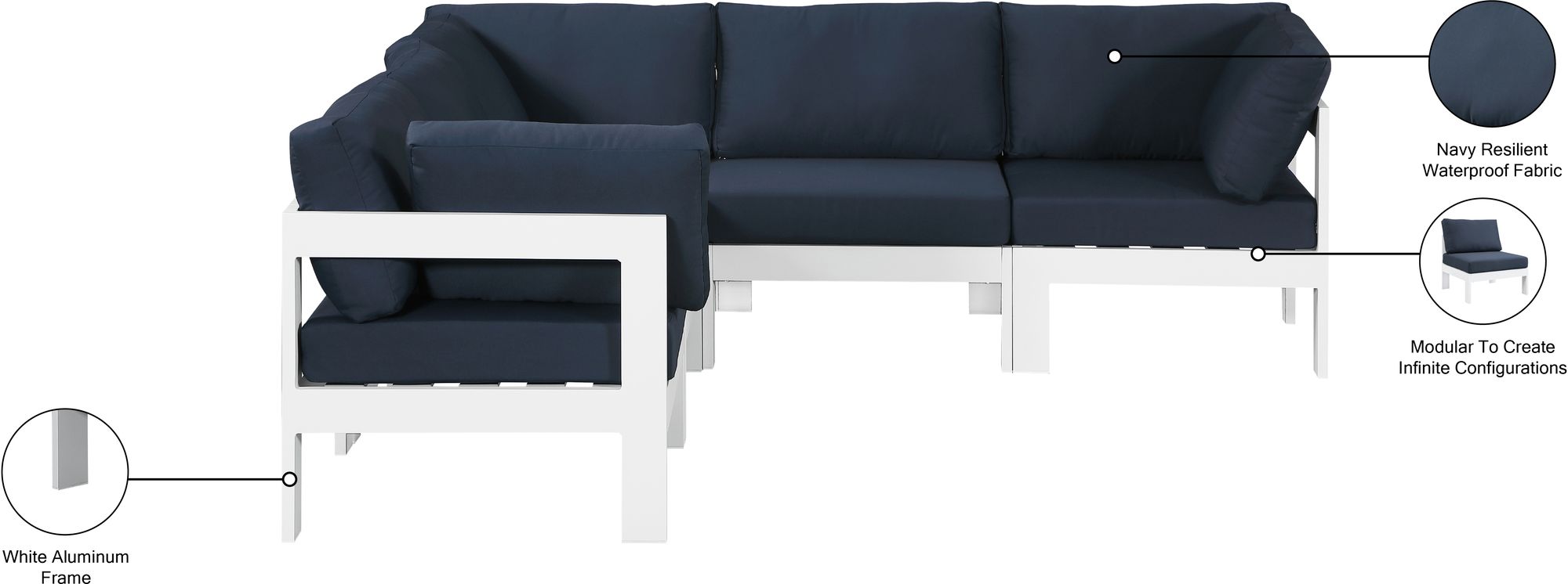Nizuc 90" 5-Piece Outdoor Patio Waterproof Fabric Modular Sectional with White Aluminum Frame
