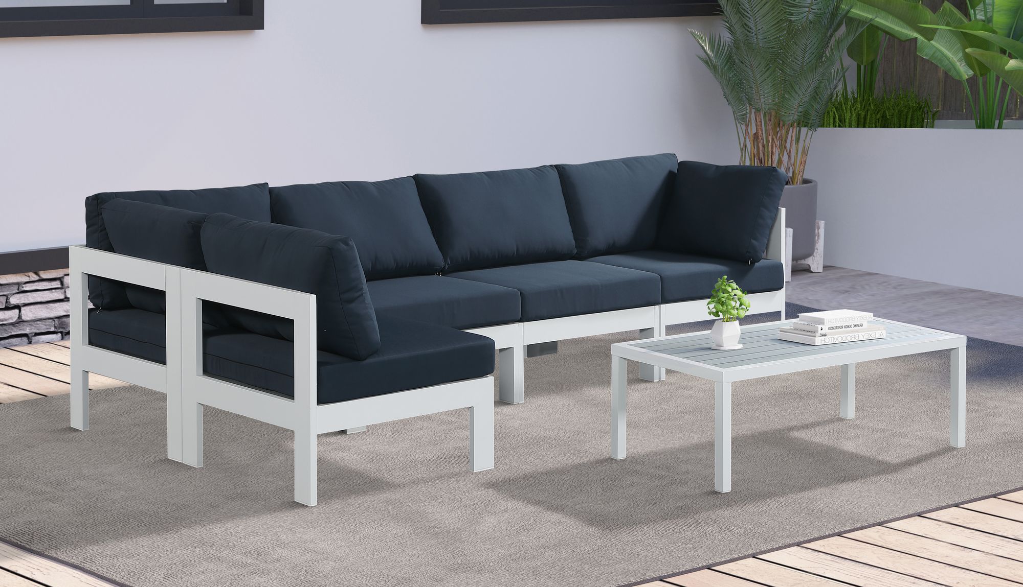 Nizuc 120" 5-Piece Outdoor Patio Waterproof Fabric Modular Sectional with White Aluminum Frame