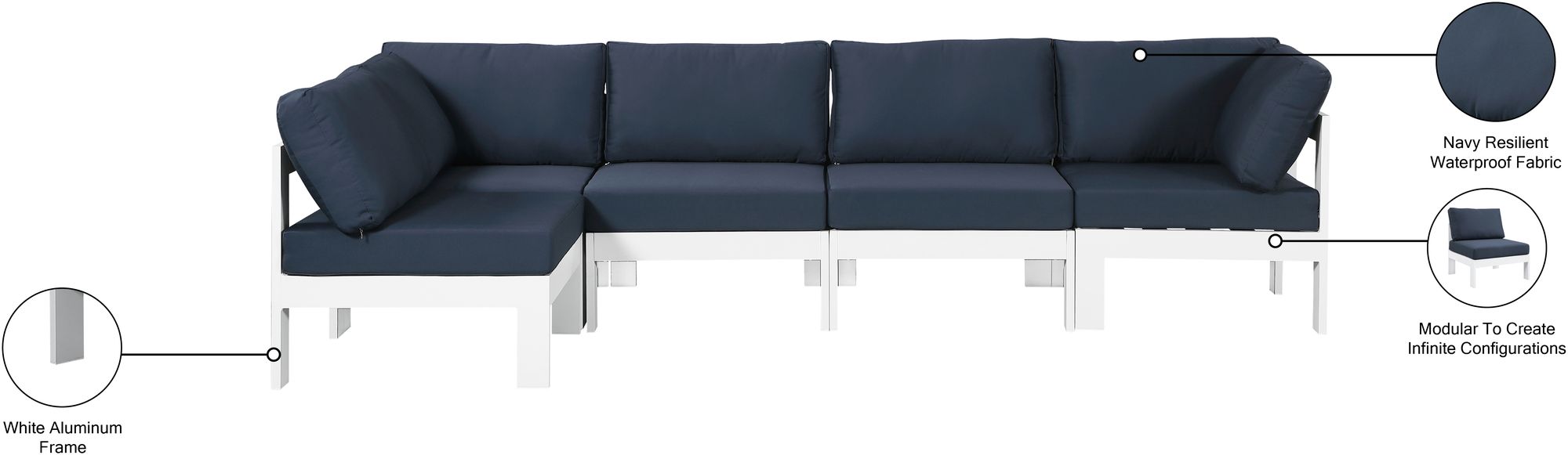 Nizuc 120" 5-Piece Outdoor Patio Waterproof Fabric Modular Sectional with White Aluminum Frame