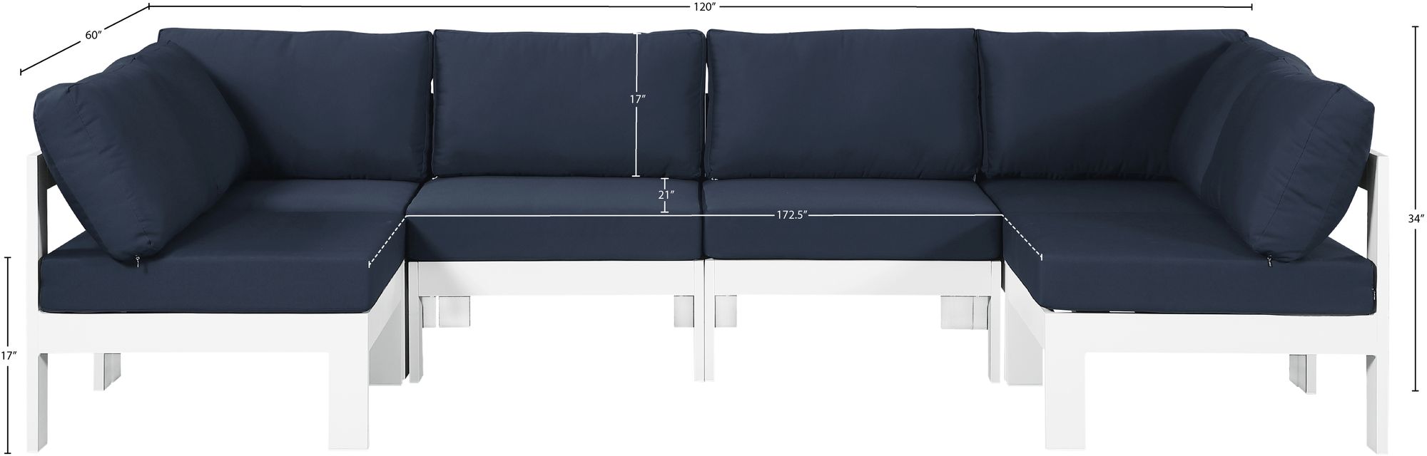 Nizuc 120" 6-Piece Outdoor Patio Waterproof Fabric Modular U-Shape Sectional with White Aluminum Frame