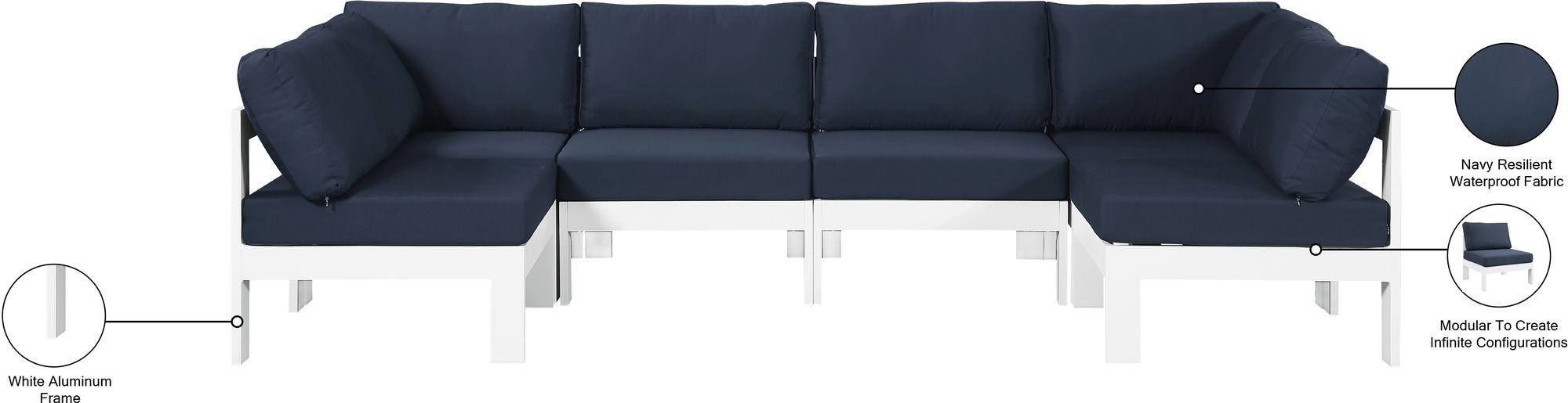 Nizuc 120" 6-Piece Outdoor Patio Waterproof Fabric Modular U-Shape Sectional with White Aluminum Frame