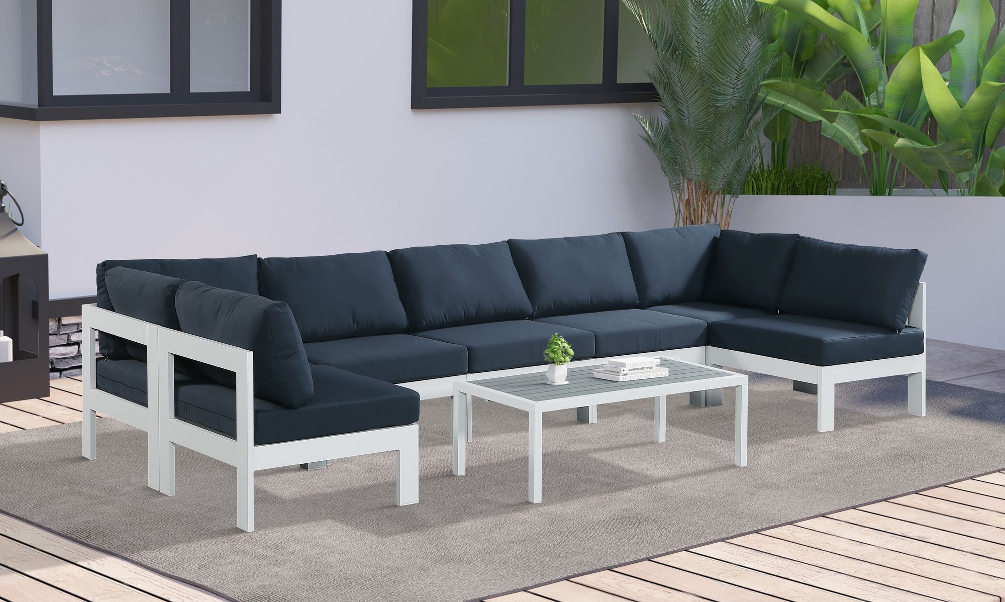 Nizuc 150" 7-Piece Outdoor Patio Waterproof Fabric Modular U-Shape Sectional with Aluminum Frame