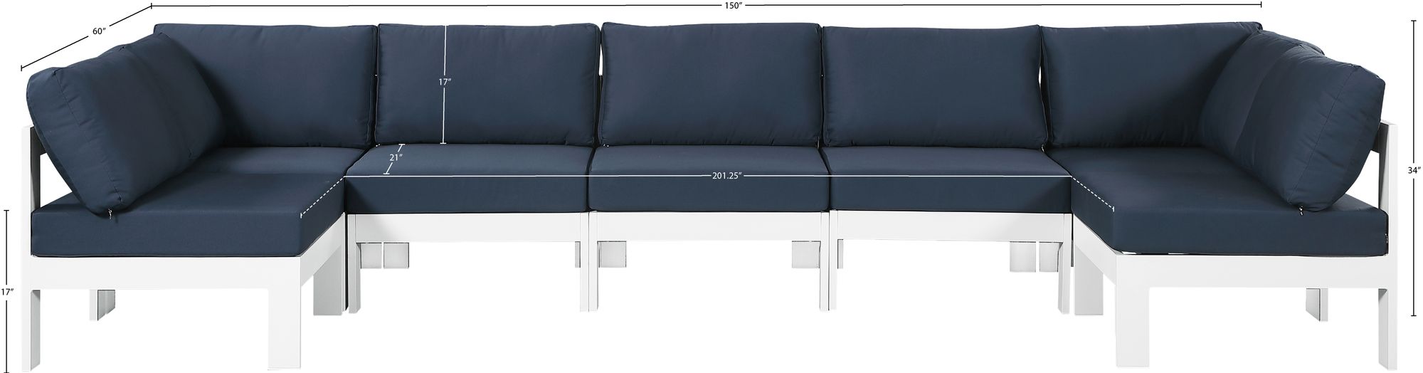 Nizuc 150" 7-Piece Outdoor Patio Waterproof Fabric Modular U-Shape Sectional with White Aluminum Frame