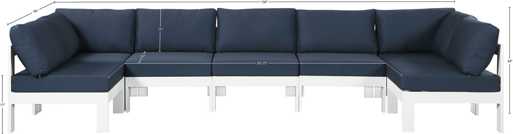 Nizuc 150" 7-Piece Outdoor Patio Waterproof Fabric Modular U-Shape Sectional with Aluminum Frame