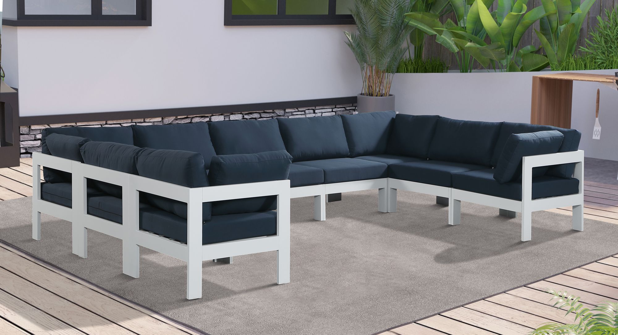 Nizuc 150" 9-Piece Outdoor Patio Waterproof Fabric Modular U-Shape Sectional with White Aluminum Frame