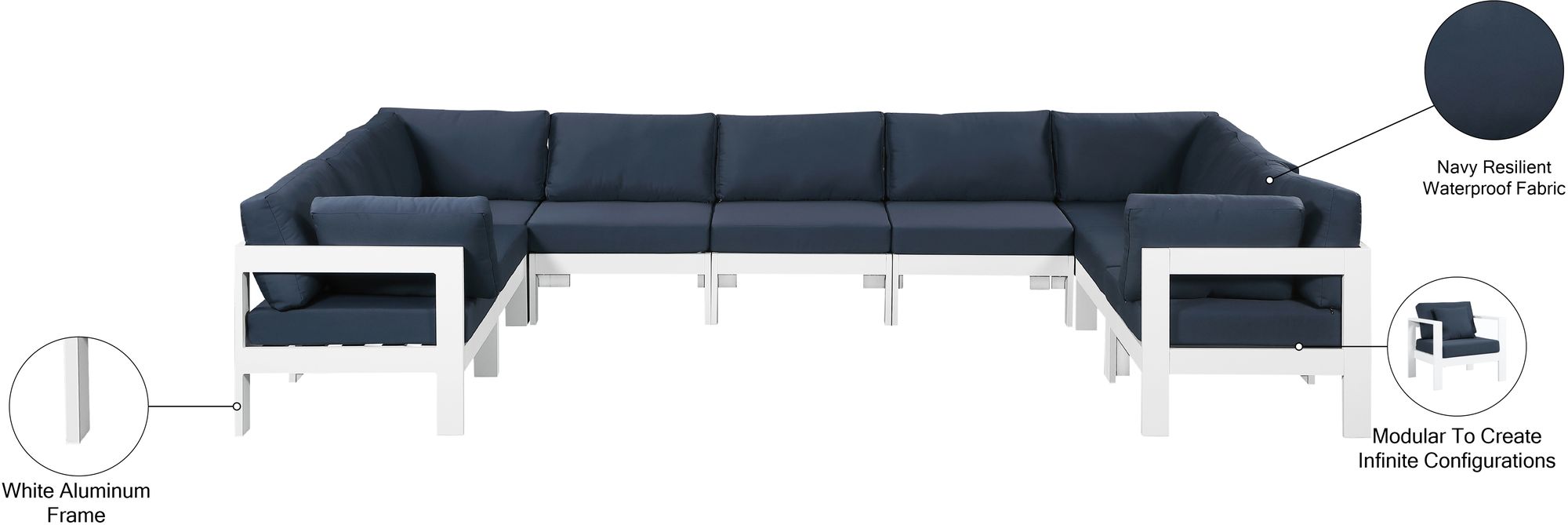 Nizuc 150" 9-Piece Outdoor Patio Waterproof Fabric Modular U-Shape Sectional with White Aluminum Frame