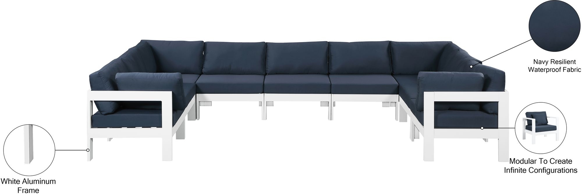 Nizuc 150" 9-Piece Outdoor Patio Waterproof Fabric Modular U-Shape Sectional with Aluminum Frame