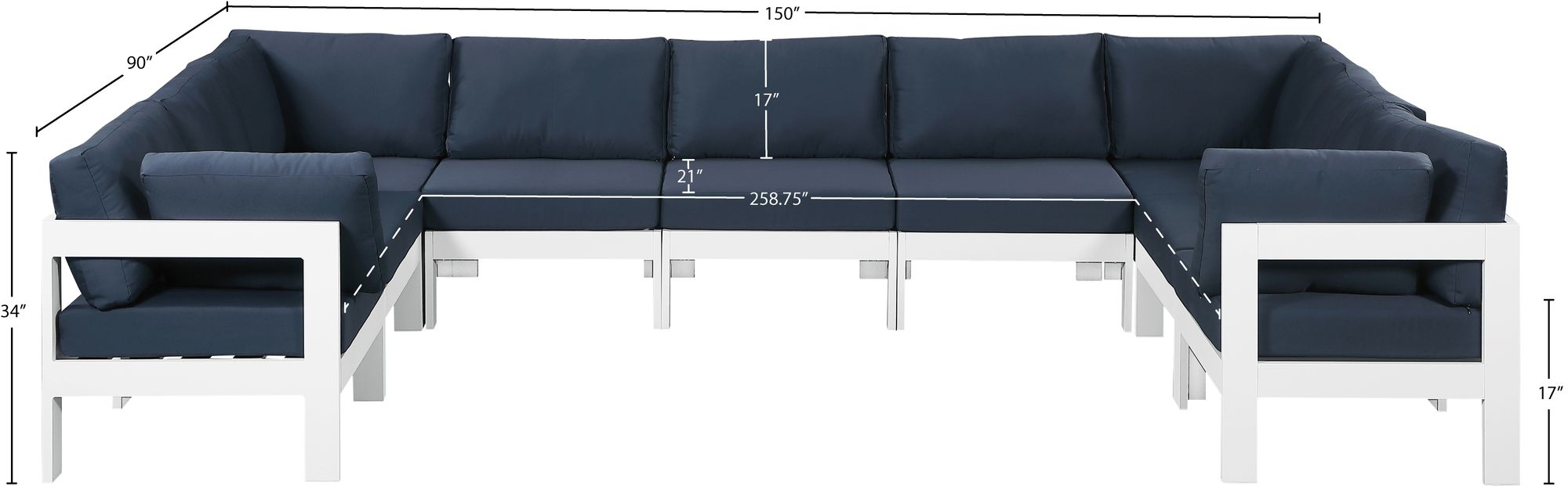 Nizuc 150" 9-Piece Outdoor Patio Waterproof Fabric Modular U-Shape Sectional with Aluminum Frame