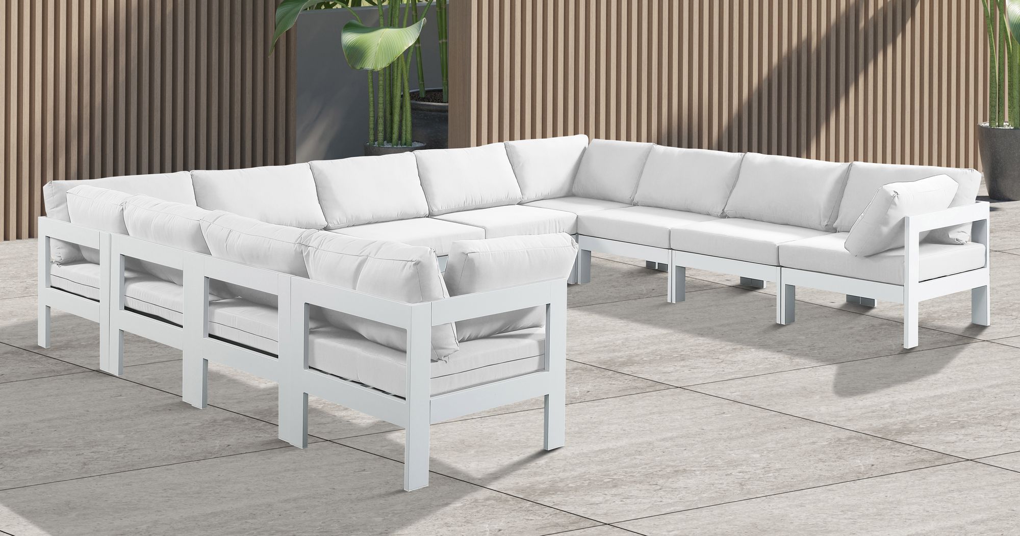 Nizuc 150" 11-Piece Outdoor Patio Waterproof Fabric Modular U-Shape Sectional with White Aluminum Frame