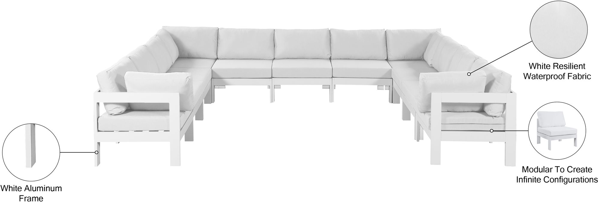 Nizuc 150" 11-Piece Outdoor Patio Waterproof Fabric Modular U-Shape Sectional with Dark Grey Aluminum Frame