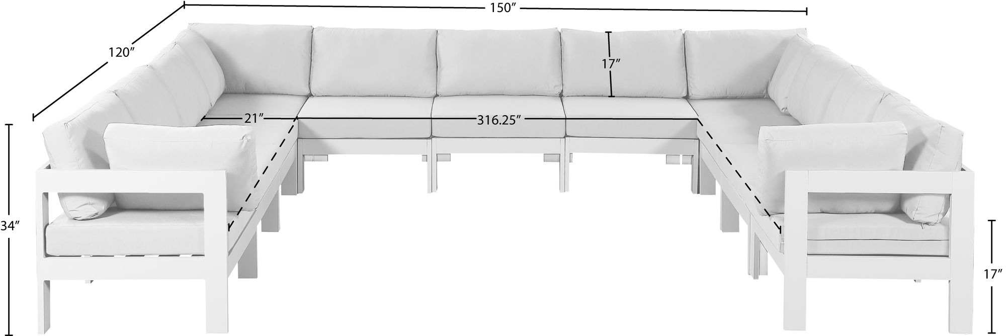 Nizuc 150" 11-Piece Outdoor Patio Waterproof Fabric Modular U-Shape Sectional with Dark Grey Aluminum Frame