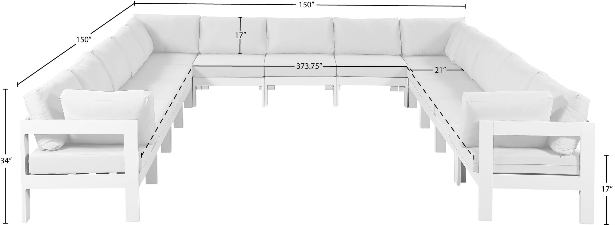 Nizuc 150" 13-Piece Outdoor Patio Waterproof Fabric Modular U-Shape Sectional with White Aluminum Frame