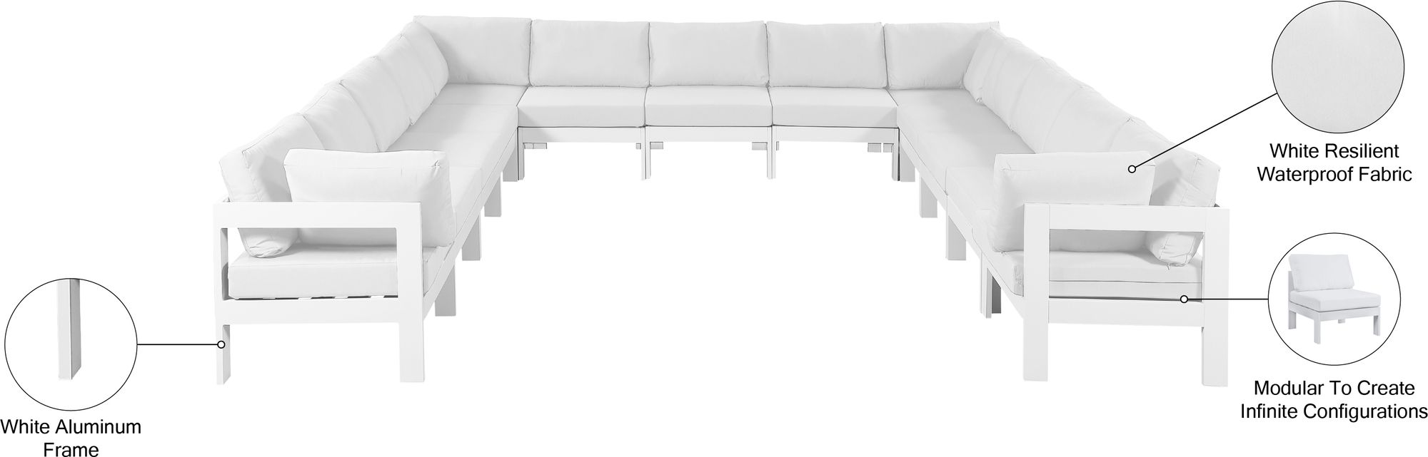 Nizuc 150" 13-Piece Outdoor Patio Waterproof Fabric Modular U-Shape Sectional with White Aluminum Frame
