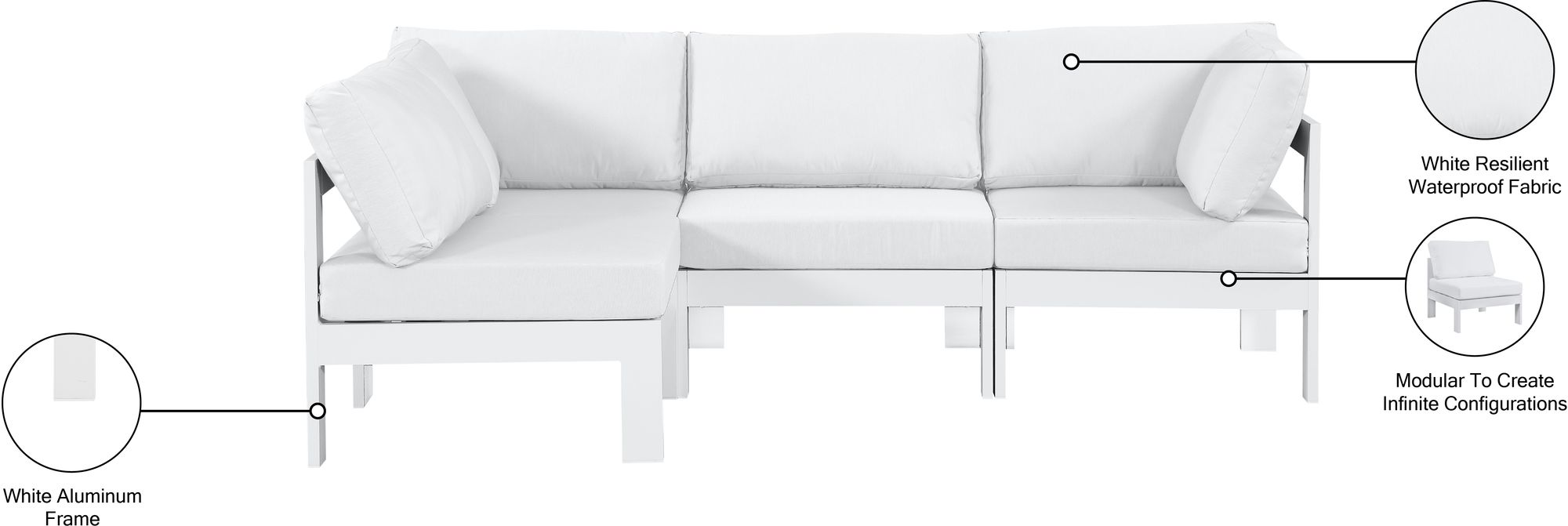 Nizuc 90" 4-Piece Outdoor Patio Waterproof Fabric Modular Sectional with White Aluminum Frame