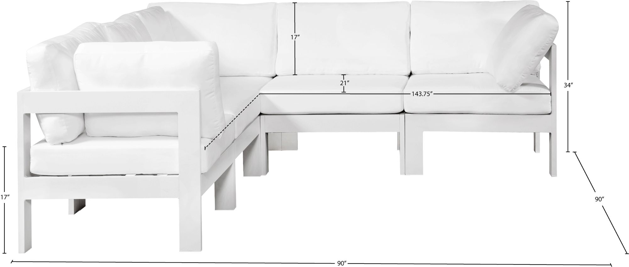 Nizuc 90" 5-Piece Outdoor Patio Waterproof Fabric Modular Sectional with White Aluminum Frame