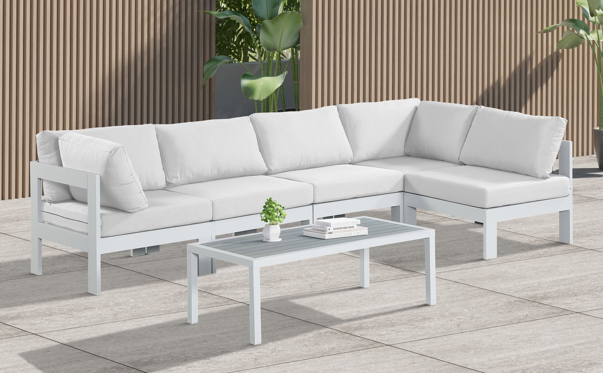 Nizuc 120" 5-Piece Outdoor Patio Waterproof Fabric Modular Sectional with White Aluminum Frame