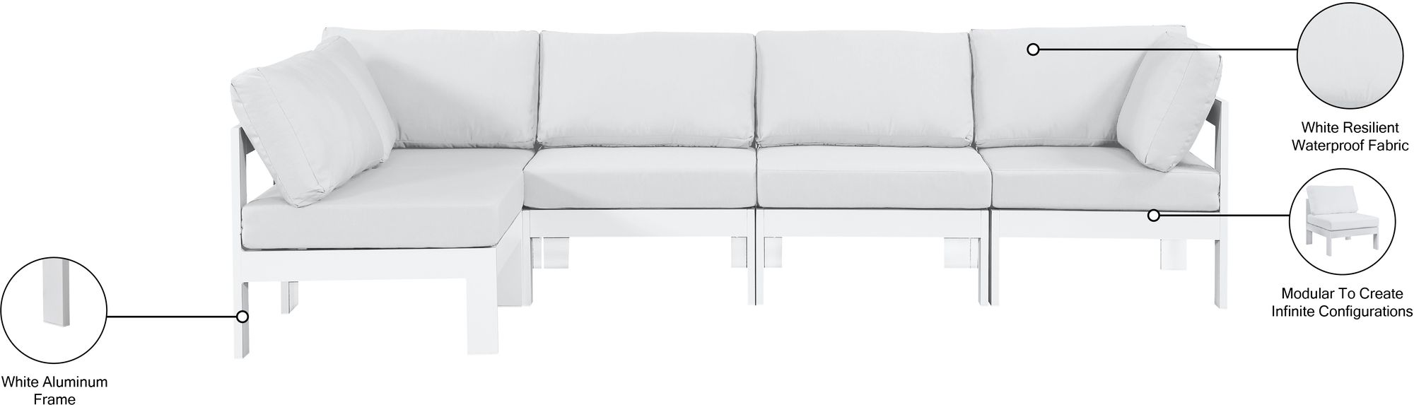 Nizuc 120" 5-Piece Outdoor Patio Waterproof Fabric Modular Sectional with White Aluminum Frame