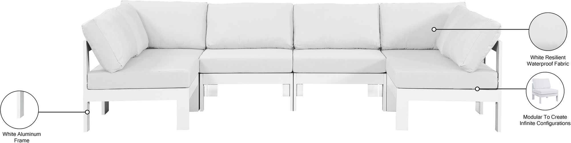 Nizuc 120" 6-Piece Outdoor Patio Waterproof Fabric Modular U-Shape Sectional with White Aluminum Frame