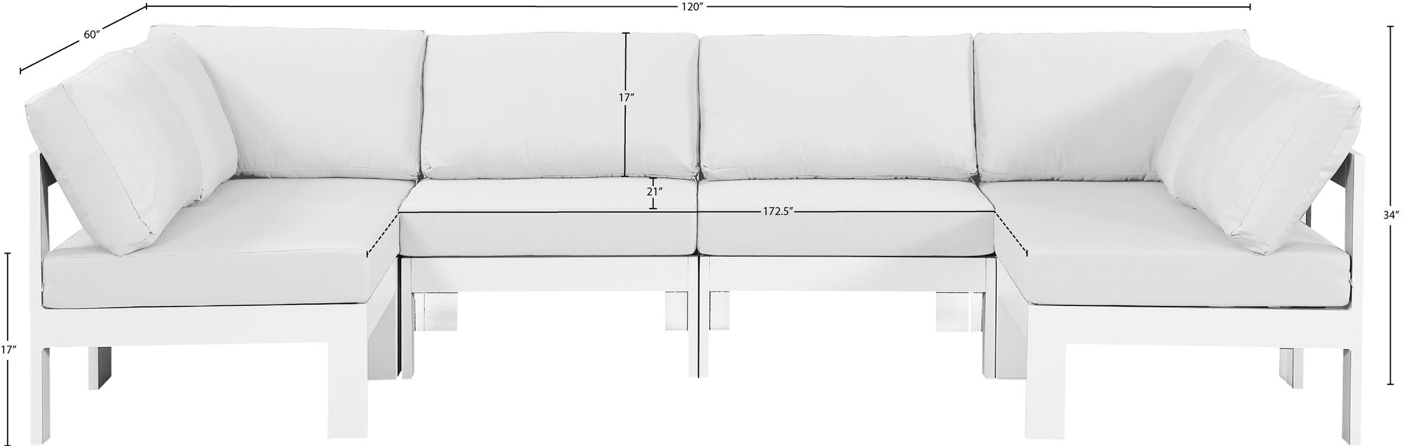 Nizuc 120" 6-Piece Outdoor Patio Waterproof Fabric Modular U-Shape Sectional with Aluminum Frame