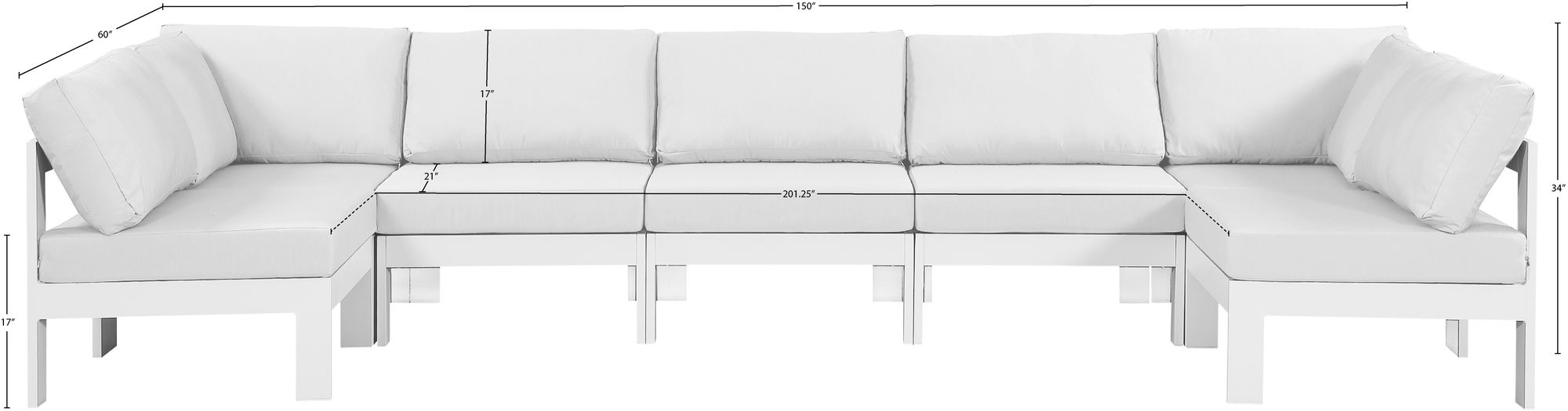 Nizuc 150" 7-Piece Outdoor Patio Waterproof Fabric Modular U-Shape Sectional with Aluminum Frame