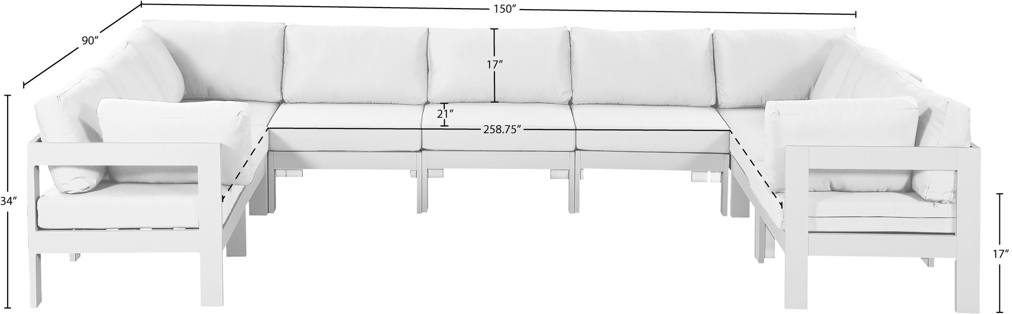 Nizuc 150" 9-Piece Outdoor Patio Waterproof Fabric Modular U-Shape Sectional with White Aluminum Frame