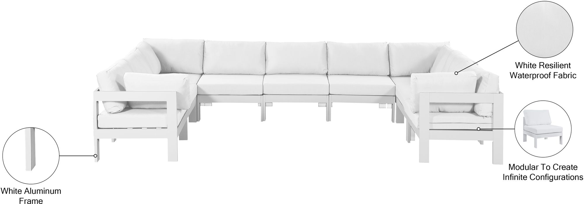 Nizuc 150" 9-Piece Outdoor Patio Waterproof Fabric Modular U-Shape Sectional with Aluminum Frame